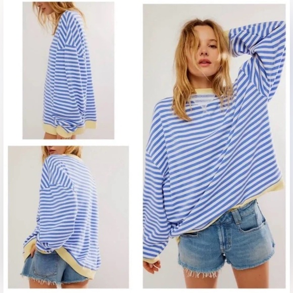 ▪️NWT Free People Classic Striped Pullover Sweatshirt in Blue Combo - Picture 2 of 12